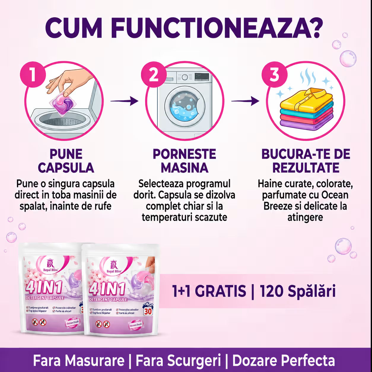 Detergent de rufe capsule roz 60 caps 1+1 GRATIS