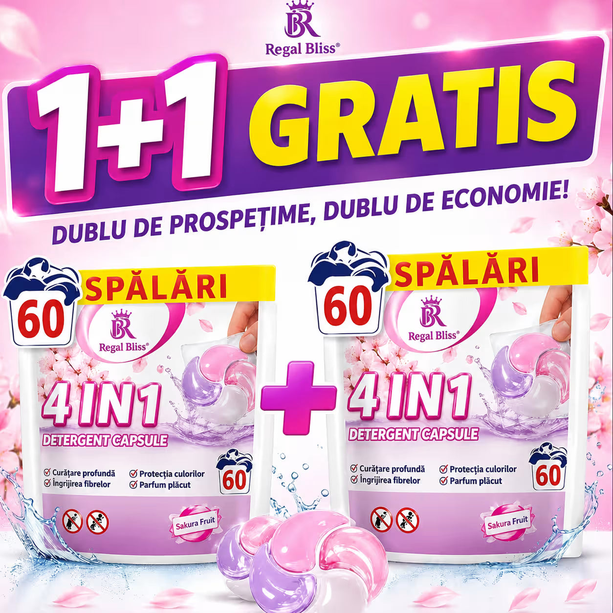 Detergent de rufe capsule roz 60 caps 1+1 GRATIS